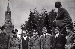 Cosmonauts; Vladimir Shatalov, Viktor Gorbatko, Valeri Kubasov, Anatoly Filipchenko, Aleksei Yeliseyev, Vladislav Volkov, Georgi Shonin, in Moscow, 1969.