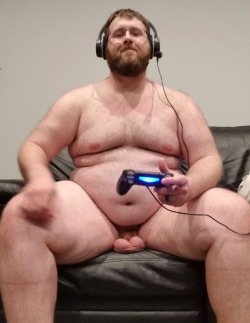 cubbydaddybeardaddy:  My cubby and my pup   Playing video games naked. They both have huge balls.