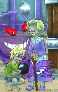 yenasmatik:  Grandma!Agatha helping Morty catch his first pokemon at the Bell Tower. (This scene comes from a French LJ RP where I played Morty.) First traditional drawing with a background. I’m still having trouble not going over the lines, and the