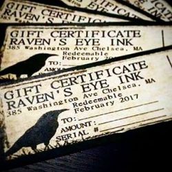 The tattoo shop i work at is doing a promotion on gift certificates till December 31. Get double what you pay for!  โ becomes 贄, etc etc.  Redeemable starting in February.  Pretty sweet.   #ravenseyeink #giftcertificate #tattoos #tattooshop #chelsea