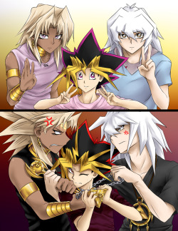 suishouyuki:  Light and Dark - view on deviantART Yami’s gonna end up getting stabbed or strangled, one ;v; Ryou is so hard to draw for me for some reason ;A; Sometimes I can get him to look fine and sometimes I can’t unless I water down the YGO!