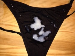 It&rsquo;s black. It&rsquo;s little. It has cum on it. She needs to put these back on pronto!   cumonthong:  Hope You enjoy