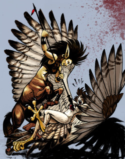 Harpy Slayer (in color) - by Dustmeat Well, centaurs are pretty cool. Harpies are pretty cool. So this is pretty damn cool! Poor harpy though ;__; 