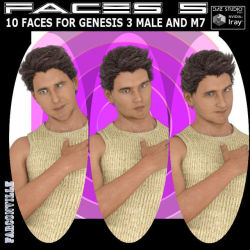 Faces  5 for Michael 7 and Genesis 3 Male is comprised of 10 custom face  morphs without any textures.   Files for DAZ Studio 4.9 and up are optimized in this set.  Apply INJ  pose files directly to Genesis 3 Male/M7,  then apply faces for M7 or  G3M.