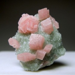 pearl-nautilus: Rhodochrosite rhombs on a matrix partially covered by sparkly Quartz. source: 