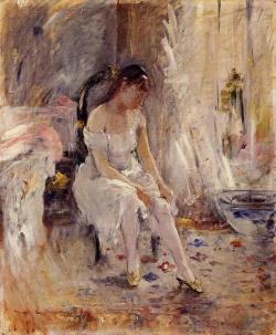 lestiquetteparfois:  Jeune fille enfilant son bas, Berthe Morisot, 1880 