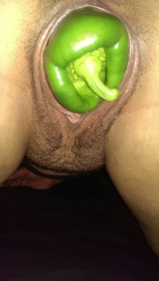 werselface:  werselface:  My sexy wife’s pussy getting a bit of a stretch with a capsicum.  Reblog and comment’s are welcome. Kik her at hot.cameltoe if you have a request for us or if you wanna send her a submission,but make it something big