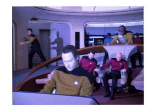 prokopetz:  poopsonthemoon:  funnyandhilarious:  Star Trek Stabilized »  Now my favourite gif.  I’m not sure what’s funnier: Data’s jostling somehow not extending to his head Riker going at it like he’s riding a mechanical bull Picard just leaning