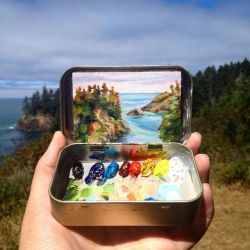 culturenlifestyle:  Stunning Miniature Landscape Paintings on Mint Tins             Colorado-based artist Heidi Annalise illustrates hypnotic landscapes inside mint tins, while showcasing the beauty of their color palette.  The impressionist paintings