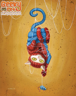 thecatart:  Spideycat - 8 x 10 art print - cat dressed like spiderman hanging from web yellow ochre white kitty cat toy cat pictures art