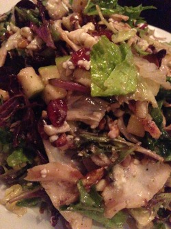 extraneousredux:  My favorite salad. Wood grilled chilled chicken, mixed greens, bleu cheese, sugar roasted pecans, dried cranberries, green apple, raspberry chipotle vinaigrette. Served cold and fresh on a chilled plate with a chilled fork.  Every time.
