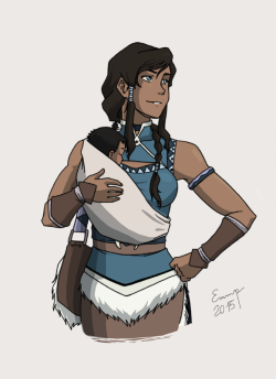 eviechan68: Mama!Korra “wearing” her baby in a sling because I’m sure she would be the type to carry her baby around EVERYWHERE (imagine in a meeting with the world leaders and the baby starts to cry and people goes “it’s not a place for a child”