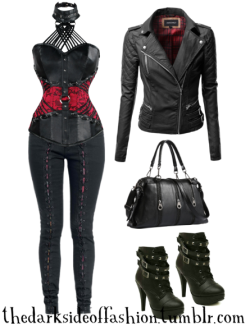 thedarksideoffashion: I would color you all red. Buy Here &gt;&gt;&gt; Corset Top (plus sizes too) ฿ / Pants ุ / Jacket ๆ / Bag ษ / Boots ฮ 