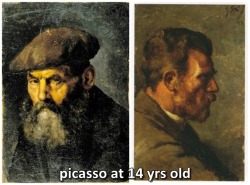 gold:  legalwifi:  bastille:  trust:  legalmexican:  nice-wig-janis:  shitpostmemeboy: dogmemes:  hoodbypussy:  Évolution inversée  he looked old for 14  “It took me four years to paint like Raphael, but a lifetime to paint like a child.”― Pablo
