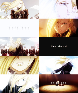 gyroz:    fma meme: favorite female character↳ olivier mira armstrong (4/4) “love for the dead is pointless. we fight to keep them alive, that is all.”   