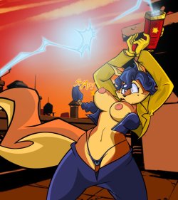 grimphantom2: grimphantom2:  Commission: Carmelita Fox, Too much fire power by grimphantom    Hey guys,Commission done for catsprin who asked for Carmelita Fox having a wardrobe malfunction when her gun had too much fire power while trying to hit ringtail