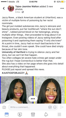 lividlovers: reverseracism:   reverseracism:  reverseracism:   reverseracism:  reverseracism:  reverseracism:  This is beyond disgusting.   Jazzy Rowe could have died, because of her roommates racism. The school tried to intimidate her into silence, but