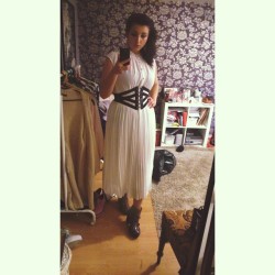 My #ootd #50shair #50sstyle #whitedress #me #Selfie #self #mirrorselfie #cagebelt #ankleboots #monochrome #outfit