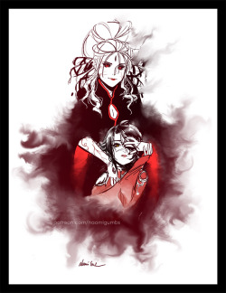 nononsensei: Salem and Cinder I don’t really think of them as a couple but more of a master and unwilling servant relationship. I gave Salem a more demonic appeal by adding loose hair and smoke as she over shadows the once-proud-now-silent Cinder. Help