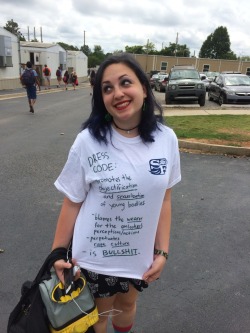 huntyqueen:  Today one of my friends was dress coded for her bra strap showing and so she wrote on the gym shirt that they gave her. It reads “Dress Code: promotes the objectification and sexualization of young bodies, blames the wearer for the onlooker’s