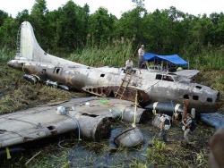 sixpenceee:  The above plane crash is known as the Swamp Ghost. It’s a Boeing B-17E Flying Fortress that was shot down over Papua New Guinea during the Second World War in 1942. 