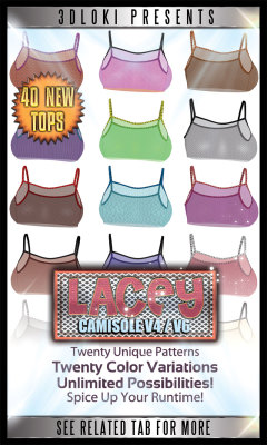 Another hot item from Loki!  Lacey  Camisole V4/V6 is a brand new materials pack for Disordercode&rsquo;s  &ldquo;Camisole&rdquo; aka Strip Show II.  20 unique lacy materials that have  unlimited color combinations and 20 color combo materials to get