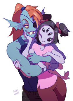 groundlion:  A part of me felt compelled to draw Muffet and Undyne together… I know it’s not canon, I just really wanted to see this pairing!  （*´▽｀*）;; My other Undertale artwork:  Undyne &amp; Alphys (mostly Undyne…)  Muffet Sketches