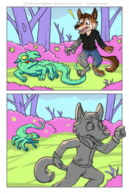 Commission, Bandit and  Basilisk   Comic Bandit accidentally steps on a Basilisk&rsquo;s tail.  The angry Basilisk turns Bandit into stone. Commission by anonymous.//Like what you see?  Support us for more on going art content, community art events,