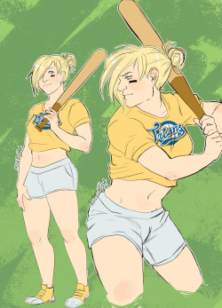 kamiltheawesome:  manadium:  I had a dream where annie was a baseballer in a shirt way too small for her but she was cute to boot so why not. Sports au anyone yes/yes?   Reblogging for the wall climbing one. 