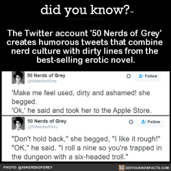 did-you-know:  The Twitter account ‘50 Nerds of Grey’ creates humorous tweets that combine nerd culture with dirty lines from the best-selling erotic novel.   Source