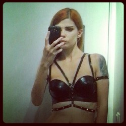 elisanth:  Studded latex bra or harness from JoyWilliamsDesign. #latex #fetish #black #tattoo #harness