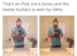 thatnerdygamergirl:  The man in this image is Veerender Jubbal, an awesome Sikh Canadian Let’s Play Gamer, critic, and outspoken feminist. People photoshopped the image on the right (of him holding an ipad) to look like the image on the left (wearing