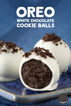 oreo:  Ingredients 1 pkg. (8 oz.) brick cream cheese, softened 36 OREO Cookies, finely crushed 4 pkg. (4 oz. each) white baking chocolate, melted Instructions MIX  cream cheese and cookie crumbs until blended. SHAPE  into 48 (1-inch) balls. Freeze 10
