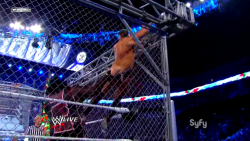 rwfan11:  Daniel Bryan - trunks yanked by Mark Henry while trying to escape the cage 