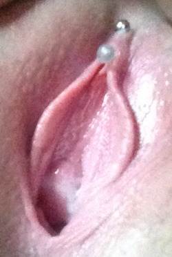 thegoddessoftitsandwine:  My cunt looking all cute and sticky ;P I love my little pearl ring.