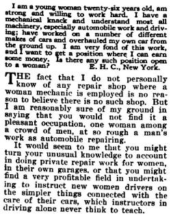 questionableadvice:  ~ Women’s Home Companion, June 1916  Mam wrażenie, że sto lat temu kobiety mogły więcej i jest to dość dobijająca świadomość. Dzisiejsza odpowiedź od redakcji brzmiałaby: &ldquo;Ależ to nie jest kobiece zajęcie!&rdquo;.