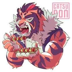 catsudon:   He finally has a name! It’s Yakitora and he’s a tiger that loves yakitori.  Twitter / FurAffinity  