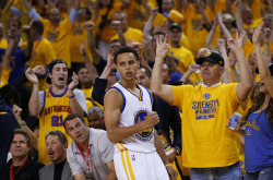 nba:    Stephen Curry of the Golden State Warriors celebrates in the second quarter against the Cleveland Cavaliers during Game One of the 2015 NBA Finals at ORACLE Arena on June 4, 2015 in Oakland, California. (Photo by Ezra Shaw/Getty Images)  