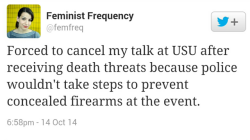 medievalpoc:  fandomsandfeminism:  superhappy:  cognitivedissonance:  After threats against her life, Anita Sarkeesian canceled an upcoming talk at Utah State University. Gamergate trolls are celebrating on Twitter while simultaneously dismissing the