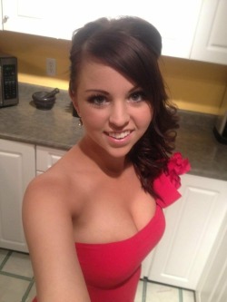 very sexy brunette teen bimbo selfshot in tight red sexy dress her beautiful real tits