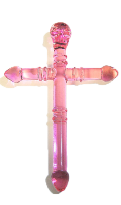 transphat:  Pink pyrex glass cross dildo