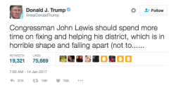 micdotcom:  Donald Trump won’t visit African-American Museum after feud with civil rights hero, John Lewis.Following a nasty, racially-tinged feud with civil rights hero Congressman John Lewis over the state of his “horrible” district and “burning