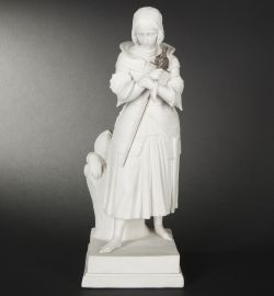 art-of-swords:  Swords in Art - Joan of Arc Dated: 19th century Measurements: height: 36 cm (14 inches); width: 14 cm (5-&frac12; inches); depth: 12 cm (4-&frac34; inches) Bisque porcelain (unglazed, white ceramic ware) statuette of Joan of Arc in