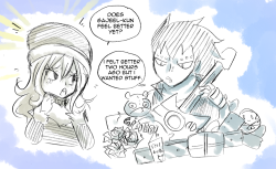 ask-ftrust-brotp:Gajeel and Juvia Brotp Week Day 2 - ComfortJuvia would be excessive in comforting people and Gajeel would secretly love it.