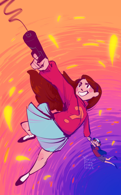 druid-for-hire:[image id: A pair of illustrations that are fanart of Dipper and Mabel Pines from Gravity Falls. In the first illustration, Mabel is shooting a grappling hook in mid-air to a target off-screen; in the distance, Dipper holds her other hand,