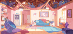 jkls:  Bee’s awesome room, as updated today on the kickstarter page. Omg I love how she has a picture of an eggplant on her wall. Nice!