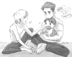 hundredpercentofe:  when yuuri and victor travel aboard for their competitions, yurio and otabek would take care of their baby, even during their practice