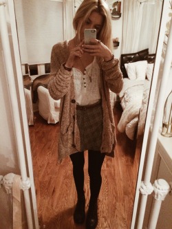 christiescloset:  back in the daily grind…ootd today // brandy melville plaid skirt, brandy necklace, braided belt, free people top, abercrombie cardigan, rag &amp; bone combat boots 💛 have a good monday everyone, be strong &amp; ily