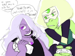 dungeonmaster11 said: HMMM. How about….Amethyst trying to show Peridot the joys of stuff like food, sleep, or any other Earthling thing that Gems don’t need to do (this scenario based on the assumption that Peridot will switch the the Crystal Gems
