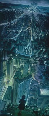 artbookisland:  Vertical panorama from the ending of Ghost in the Shell, 1995.Just watched this again, still awesome. The new movie better be good…Click picture for HD panorama.